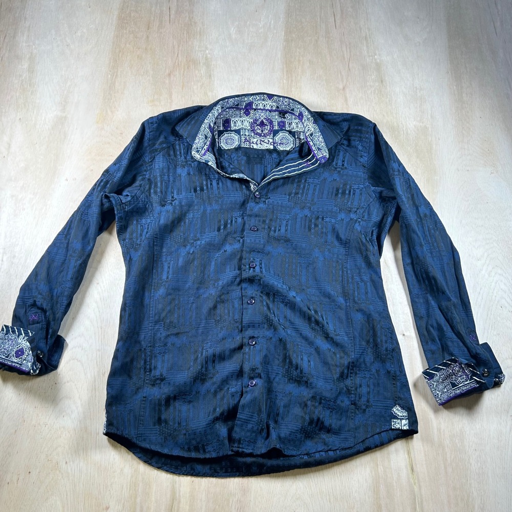 Au Noir Mens Jacquard Button Down Shirt Navy Blue Black Pattern Size 4 Large